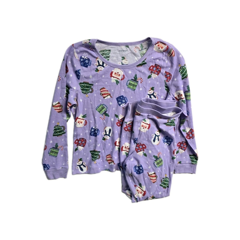 Old Navy Pajama Set Womens L Purple Holiday Santa Snowman Tree Print LongSleeve